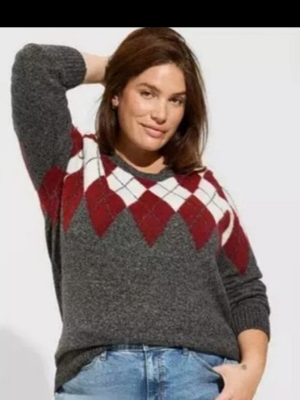 torrid Gray, Red & White Argyle Crewneck Sweater